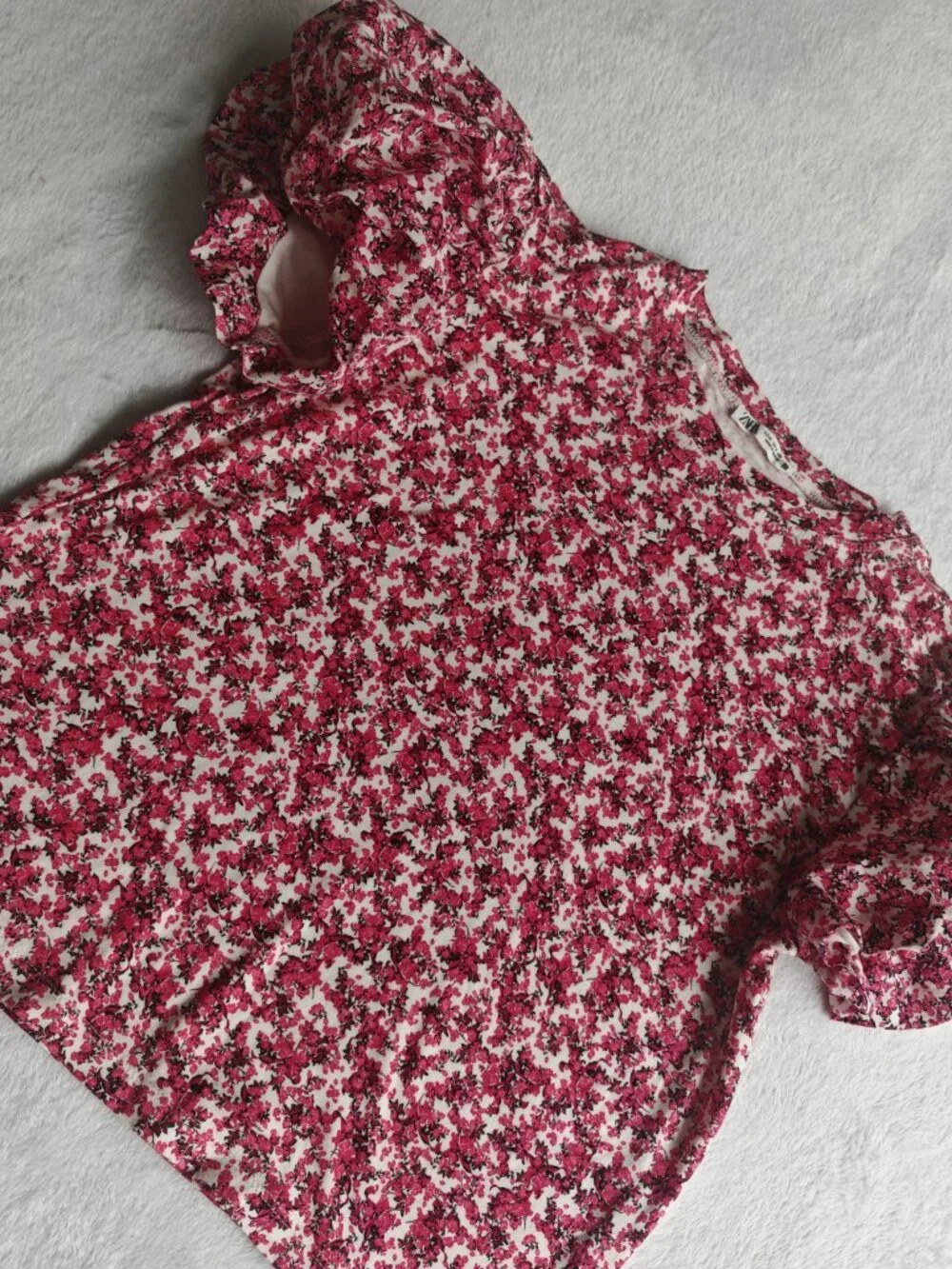 ZARA Floral Puff Sleeve Top Red Pink Fitted Blouse Size M Romantic Cottagecore S